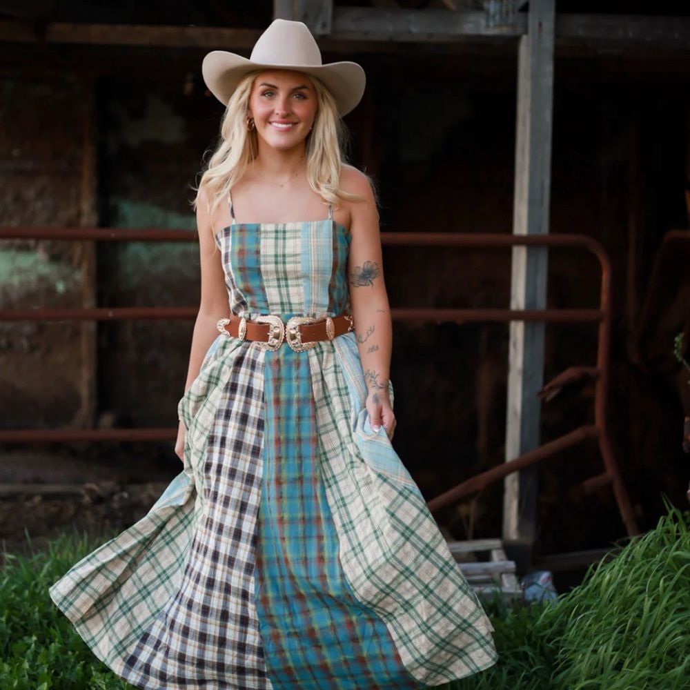 Plaid Patchwork Maxi Dress in Teal and Cream - Boho Summer Dress